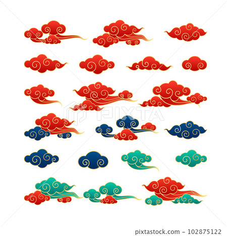 Chinese traditional clouds in red. Sky pattern ornaments in Chinese, Korean and Lapanese oriental style for festival banner or card Chinese new year design. Isolated on white background. Vector. 102875122