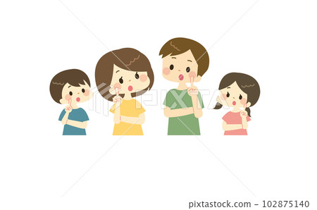 一個家庭的插圖，他們的食指向上，嘴巴張開 102875140