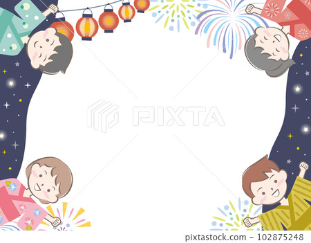 Frame of children in cute yukata, summer festival, night sky, lantern 102875248