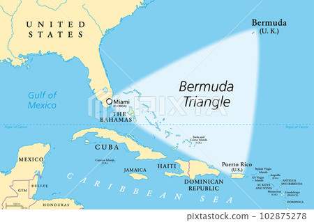 The Bermuda Triangle or Devils Triangle, political map. Region in the North Atlantic Ocean between Bermuda, Miami and Puerto Rico, where aircrafts and ships disappeared under mysterious circumstances. 102875278