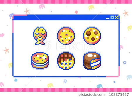 Bakery Food Pixel art Icons Set. 8bit pixelated y2k, style stickers of Cookies, Crackers, Chocolate Pies, japanese Sweets, Decorative Digital Sweets with marshmallow. For Chats, Stickers, Video Games. Bakery Food Pixel art Icons Set. 8bit pixelated y2k, style stickers of Cookies, Crackers, Chocolate Pies, japanese Sweets, Decorative Digital Sweets with marshmallow. For Chats, Stickers, Video Games. 102875457