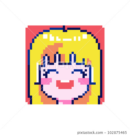 Cute Pixel Art Happy Emote Icons. Expressive 8bit Smiling Blonde Girl Emoji Experiencing Cheerful Emotions - Perfect for Decorative Digital Art, Game Streaming, Stickers, Video Game Element. 102875465