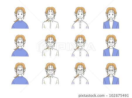 一個微笑的女人的半身像，戴眼鏡或不戴眼鏡（橙色 x 藍色） 102875491