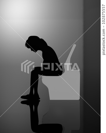 Worried woman silhouette sitting on the toilet dark 3D illustration vertical Worried woman silhouette sitting on the toilet dark 3D illustration vertical 102875557