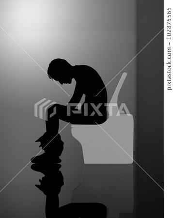 Male silhouette sitting on the toilet and worrying Dark 3D illustration Vertical 102875565