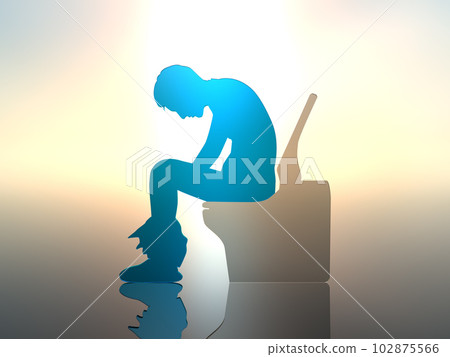 Male silhouette sitting on the toilet and worrying Akira 3D illustration sideways 102875566
