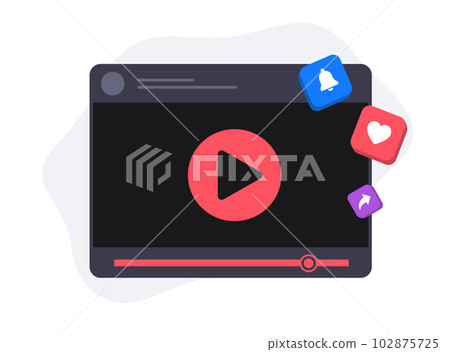 Video marketing illustration features press bell, like and share icons. It showcases how video content can be monetized with social network communication and digital advertising Video marketing illustration features press bell, like and share icons. It showcases how video content can be monetized with social network communication and digital advertising 102875725