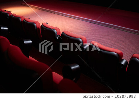 Empty cinema hall with red seats. Movie theatre. Empty cinema hall with red seats. Movie theatre. 102875998