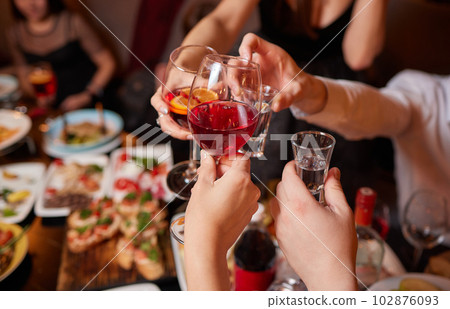 Clinking glasses with alcohol and toasting, party. 102876093