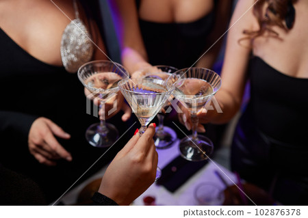 Clinking glasses with alcohol and toasting, party. 102876378