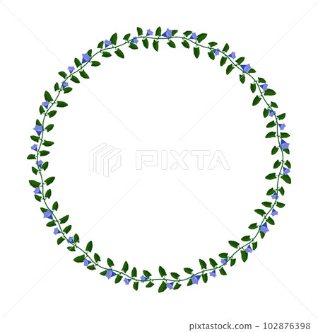 Green blooming liana plant frame with blue flowers. Cartoon round border for greeting card decorating, invitation cards. Colored vector isolated on white background Green blooming liana plant frame with blue flowers. Cartoon round border for greeting card decorating, invitation cards. Colored vector isolated on white background 102876398