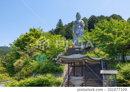綠意盎然的坪坂寺，有屋頂和大觀音像（水平構圖） 102877109