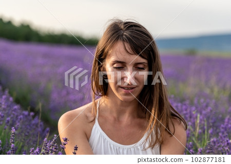 Close up portrait of happy young brunette woman in white dress on blooming fragrant lavender fields with endless rows. Warm sunset light. Bushes of lavender purple aromatic flowers on lavender fields. 102877181
