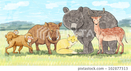 許多動物聚集的背景中草地、山脈和藍天的插圖 許多動物聚集的背景中草地、山脈和藍天的插圖 102877313