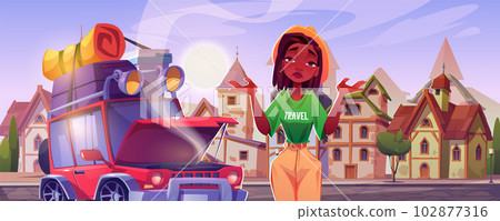 Old city street road with broken car and woman 102877316