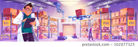 Warehouse factory room and worker with clipboard 102877325
