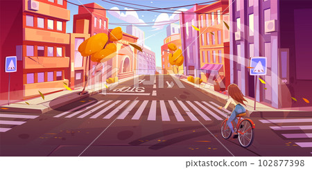 Young woman riding bicycle on autumn city street 102877398