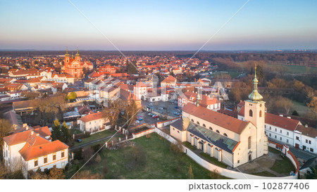 Stara Boleslav Town with Basilica of Saint Wenceslas and Church of the Assumption of Mary, Czech Republic. Aerial view from drone. Stara Boleslav Town with Basilica of Saint Wenceslas and Church of the Assumption of Mary, Czech Republic. Aerial view from drone. 102877406