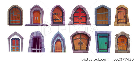 Cartoon set of medieval castle doors 102877439