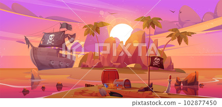 Pirate ship near island with treasure on sunset 102877450