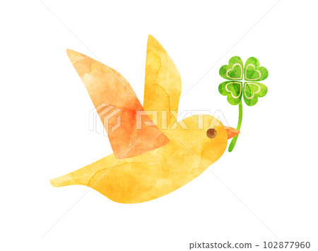 Illustration of a bird flapping its wings with a clover in its mouth Watercolor version 102877960