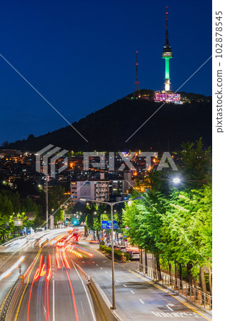Seoul Illuminated Namsan Tower and Noksapyeong-daero 102878545