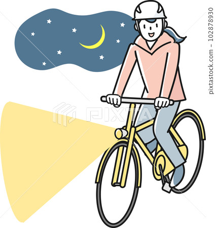 Young woman riding a bicycle with lights on at night Young woman riding a bicycle with lights on at night 102878930