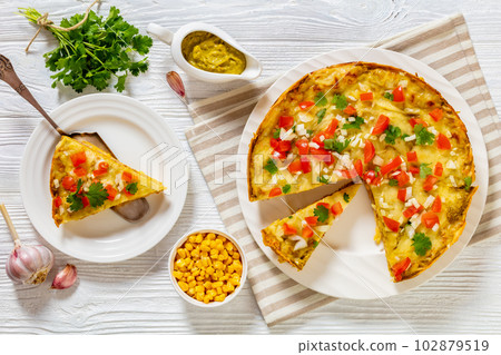 Hot Green Chile Enchilada Casserole, top view Hot Green Chile Enchilada Casserole, top view 102879519