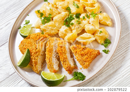 breaded chicken fillet with alfredo pasta shells 102879522