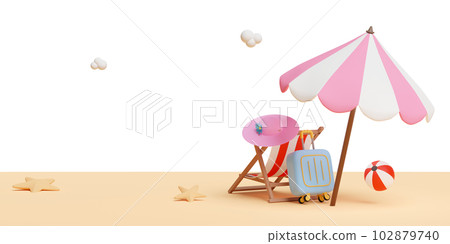 3d summer travel with suitcase, umbrella, ball, beach chair, hat, seaside isolated. 3d render illustration 102879740