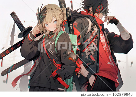 Two men and women with swords, modern arrangement 102879943