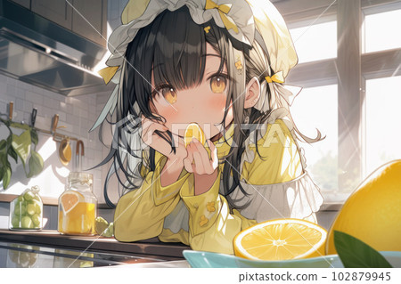 black hair girl with lemon 102879945