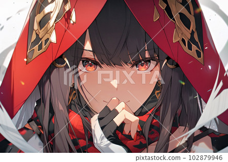 beautiful woman in red hood smiling 102879946