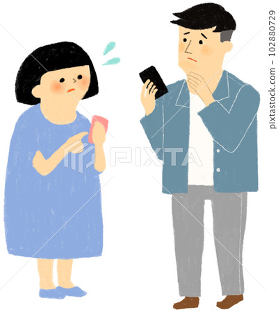 A couple who is in trouble with a smartphone A couple who is in trouble with a smartphone 102880729
