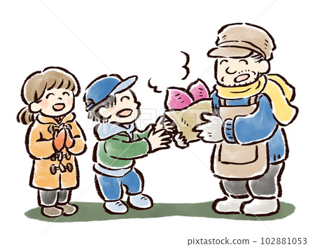 賣烤地瓜的老人和顧客的孩子手繪插畫 102881053