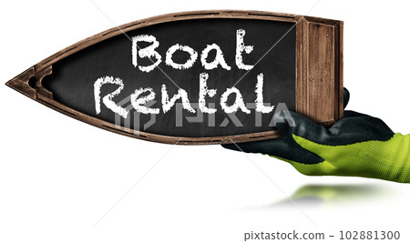Hand Holding a Small Wooden Boat with Text Boat Rental 102881300
