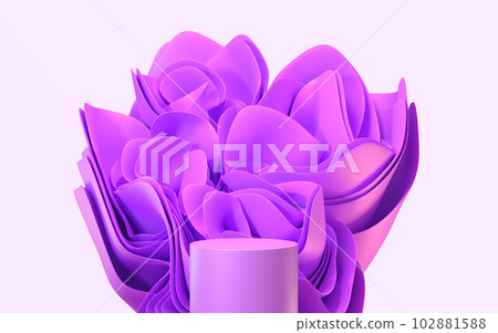 Podium with fuchsia layered fabric folded in shape flower on pink background 3d render. Blank abstract stage, platform with wavy silk cloth for display cosmetic product, mockup banner. 3D illustration 102881588