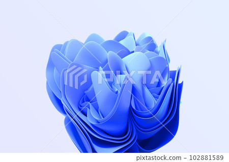 Abstract background with blue wavy layered fabric, folded in shape flower 3d render. Modern fashion wallpaper, isolated floral petals with gradient texture, ruffles and folds, pattern. 3D illustration 102881589