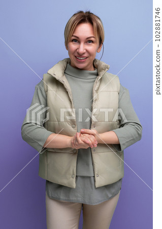 positive european young blond woman in casual outfit positive european young blond woman in casual outfit 102881746