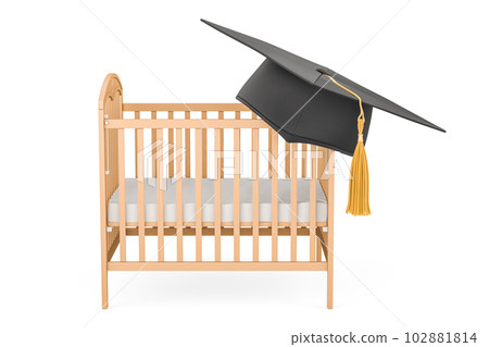 Baby crib, infant bed with graduation hat. 3D rendering 102881814