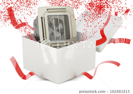 Ceiling Cassette Unit, Indoor Unit of Air Condition inside gift box, 3D rendering 102881815