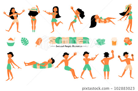 Illustration of men and women in simple and cute summer swimsuits and a vector icon set that feels cool_green Illustration of men and women in simple and cute summer swimsuits and a vector icon set that feels cool_green 102883023
