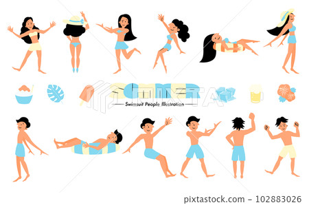 Illustration of men and women in simple and cute summer swimsuits and a vector icon set that feels cool _ light blue _ with face Illustration of men and women in simple and cute summer swimsuits and a vector icon set that feels cool _ light blue _ with face 102883026
