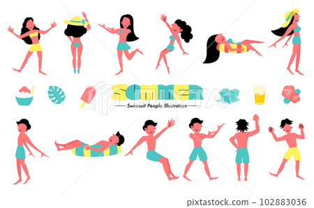 簡約可愛夏日泳裝男女插畫和感覺很酷的矢量圖標集_藍綠色 簡約可愛夏日泳裝男女插畫和感覺很酷的矢量圖標集_藍綠色 102883036