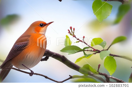 Delightfully Beautiful Nightingale Bird Perched on a Flowering Tree. Generative AI. Delightfully Beautiful Nightingale Bird Perched on a Flowering Tree. Generative AI. 102883701