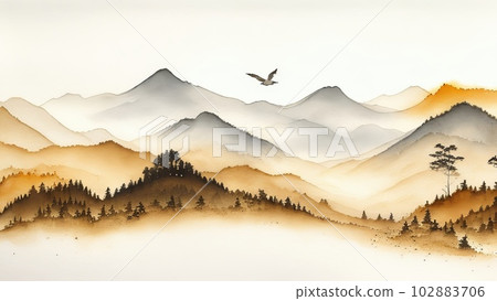 Serene Oriental Ink Painting: Golden Mountains, Forest, and Sunlight. Generative AI. Serene Oriental Ink Painting: Golden Mountains, Forest, and Sunlight. Generative AI. 102883706