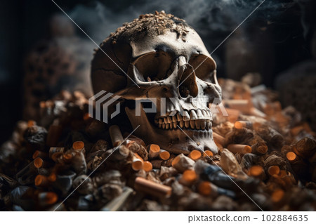 The medical concept of a human skull surrounded by smoke and cigarettes, warning of the dangers of tobacco use and its links to cancer and respiratory illness, captured by AI Generative. 102884635