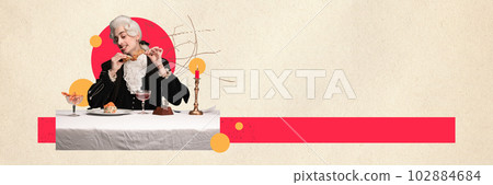 Contemporary art collage. Young elegant man in peruke and vintage jacket sitting at table and eating fried chicken 102884684