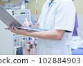 The specialist are checking continuous renal replacement therapy equipment and injection pump and hemodialysis machine. 102884903