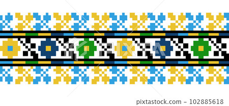 Ukrainian folk, ethnic floral embroidery pattern for textile, fabric print. Ukrainian colorful embroidery vector pattern. Pixel art, vyshyvanka, cross stitch ornament Ukrainian folk, ethnic floral embroidery pattern for textile, fabric print. Ukrainian colorful embroidery vector pattern. Pixel art, vyshyvanka, cross stitch ornament 102885618
